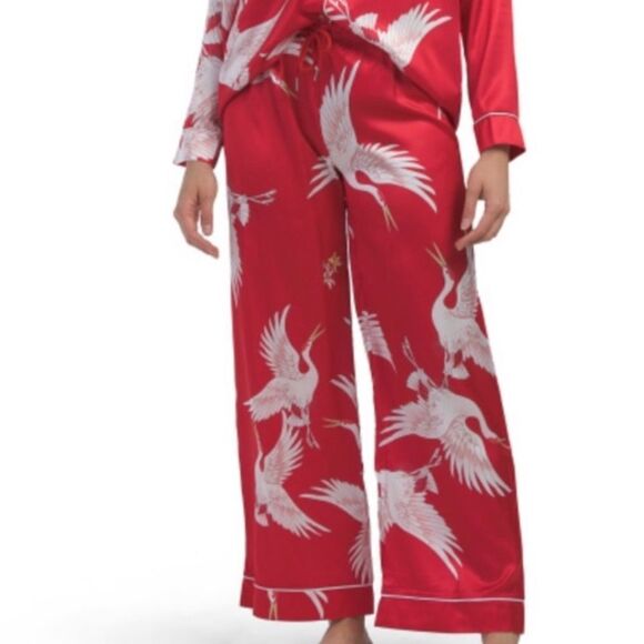 DALIA MACPHEE M & LβRed White Satin Ibis Bird Print Long Sleeve Long Pant PJ Set - Picture 5 of 16